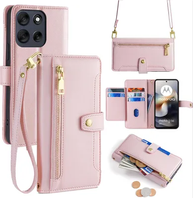 Produktbild von Handykette für Motorola Moto G56 Hülle mit Band Handyhülle Kartenfächer Leder Umhängetasch in Rosa