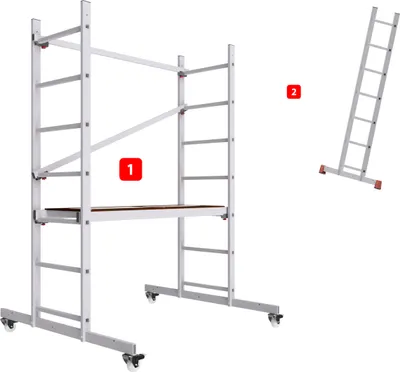 Image de ALTEC AluCombine® 1.0 - 300 | Echafaudage à échelles | 3m de hauteur de travail | Echafaudage 2 en 1 avec traverse | Type : FT | 4x roulettes Ø80mm | En direct du fabricant | EN 131 | Echafaudage de travail | Echafaudage de chantier | Echafaudage roulant | Echelle simple