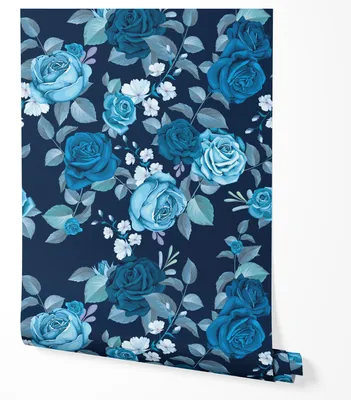 Zdjęcie produktu dla Tapeta Samoprzylepna Niebieskie Turkusowe Kwiaty Granatowe Tło Do Sypialni 2.5m x 0.5m