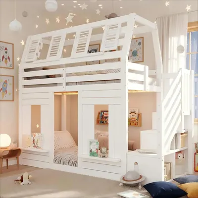 Produktbild von Kinderbett/Etagenbett - Hausbett 90x200 cm - LED-Beleuchtung - Rausfallschutz - Treppe mit Stauraum - Fensterdesign - Holz - Weiß