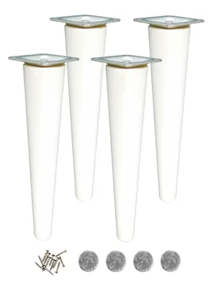 Four white tapered furniture legs with silver mounting plates, along with a pile of screws and four felt pads, are displayed against a white background.