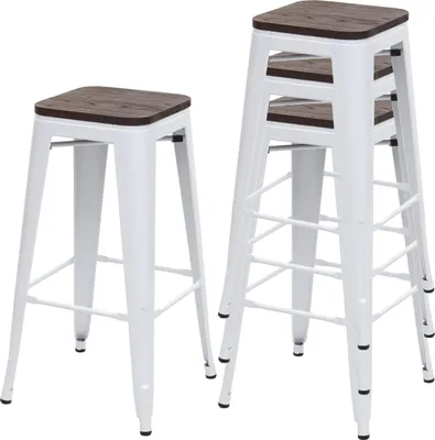 Produktbild von 4er-Set Barhocker MCW-A73 inkl. Holz-Sitzfläche, Barstuhl Tresenhocker, Metall Industriedesign stapelbar  weiß