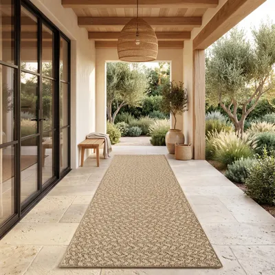 Produktbild von Outdoor Teppich Wetterfest Balkon Wohnzimmer Boho Geometrisch Sisal Einfarbig beige Grösse 80x250 cm, KI-generiertes Bild