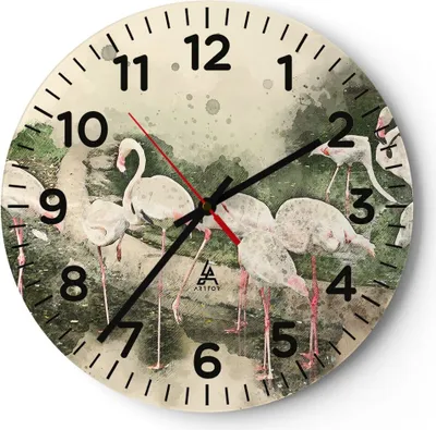 Produktbild von Wanduhr - Rund - Glasuhr - Flamingo Vogel Wasser - 40x40cm - Schleichendes Uhrwerk - Lautlos - zum Aufhängen bereit - Dekoration Modern - Wanddekoration aus Glas - C4AR40x40-3462