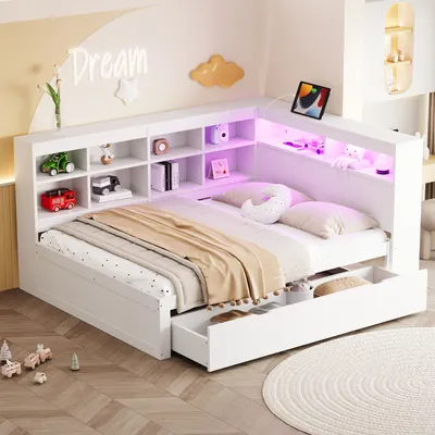 Produktbild von Abrihome Massivholzsofa Doppelbett 140 x 200 cm mit LED, USB und Extra Großen Schubladen, Einlegeböden und Ablagefächern, Weißes