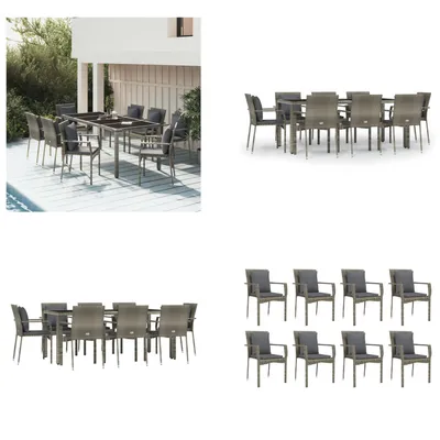 Produktbild von vidaXL 9 tlg. Garten Essgruppe mit Kissen Grau Poly Rattan - Garten Essgruppe - Garten Essgruppen - Essgruppe - Essgruppe Terrasse