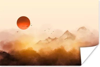 Produktbild von MuchoWow® Poster Malerei - Sonne - Landschaft - Vögel 120x80 cm - Bilder