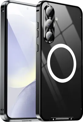 A black phone case with a silver frame is shown diagonally against a black background.