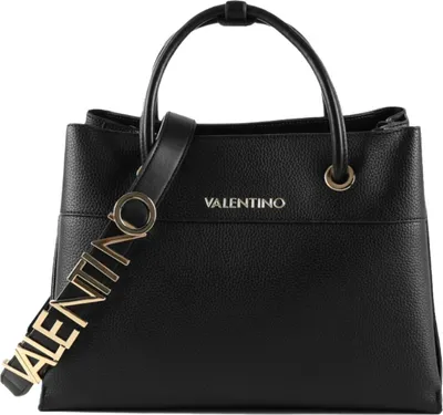 A black Valentino handbag is shown against a white background.