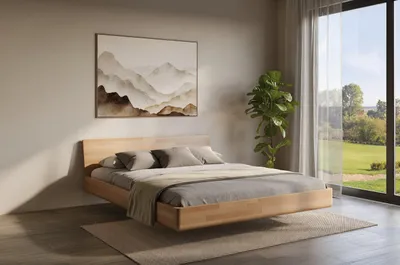 Produktbild von Schwebebett aus massivem Buchenholz Visby LENA ohne Nachttische, 160x200 cm, Farbe Natur