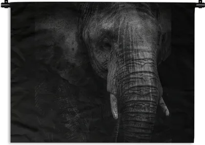 Produktbild von MuchoWow® Wandteppich Wandbehang Elefant auf schwarzem Hintergrund in schwarz und weiß 150x112.50 cm Tapisserie Dekoration Wandtuch - Wanddecke - Wandteppiche