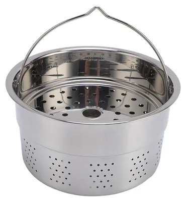 A stainless steel steamer basket with a handle, shown from a slightly elevated front-facing angle against a white background.