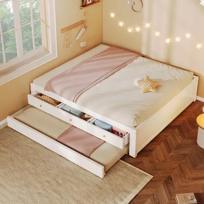 Obrázek produktu pro STILVORA Dřevěná postel 140 x 200 cm se 3 zásuvkami, dětská postel s výsuvnou přistýlkou, jednolůžko z dřeva