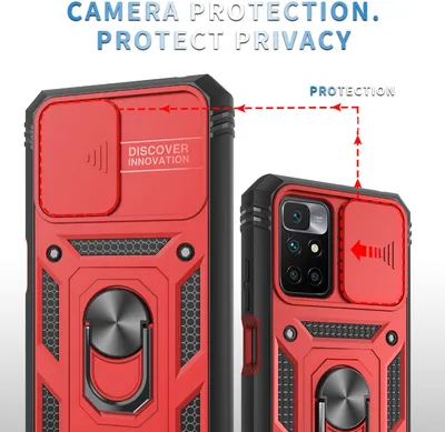 Produktbild von Redmi 10 Hülle, Schiebe Kamera Schutz Robust Schutzhülle mit Ringhalterung Ständer Kartenhalter für Xiaomi Redmi 10 Rot