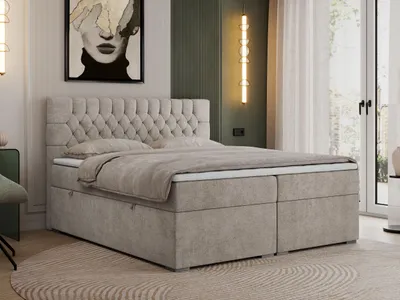 Produktbild von Boxspringbett 180x200 mit Matratze und Topper, Boxspringbett 180x200 mit Bettkasten und Kopfteil - PERA - 180x200 - Beige - Struktur - H3