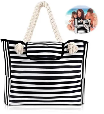 Produktbild von Wasserfestes Strandtuch-Tasche, Grosse Strandtasche, Wasserdichte Strandtasche, Gestreifte Strandtasche, Strandtasche für Damen, Strandtaschen mit Sack für Strand, Reisen, Schwimmbad, Fitnessstudio