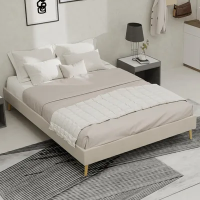 Produktbild von MODFU Jugendbett 140x200 Polsterbett mit Kopfteil und Lattenrost,Doppelbett Bettgestell mit Ziernägeln,Stoffbezug ,ohne Matratze,Beige