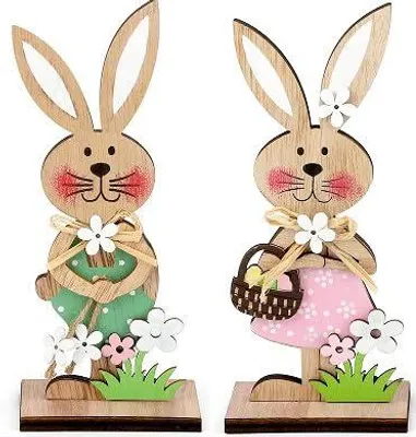 Holz-Osterhase, 2er-Set, 19 x 7 x 4 cm, Tisch- und Gartendekoration