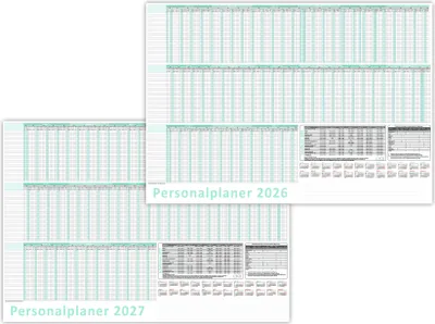 Produktbild von Urlaubsplaner/Personalplaner 2026 + 2027 nass abwischbar mit Folienkaschierung - DIN B1 Format (1000 x 700 mm) 22 Mitarbeiter Januar bis März Folgejahr mit Schulferien (gerollt!)