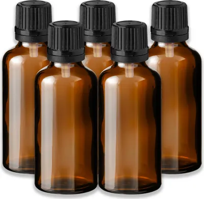 Produktbild von 5x Glasflasche braun 50 ml mit schwarzem Tropfeinsatz Apothekerflasche