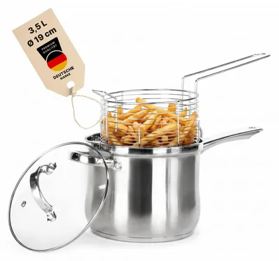 Produktbild von Frittiertopf 3,5 L Edelstahl Fritteuse mit Frittierkorb und Glasdeckel Pommestopf für alle Herdarten inkl. Induktion