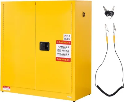 Produktbild von Feuerlöschschrank 110 L - Feuerfest und Befüllbar, Gefahrstoffschrank mit verstellbarem Regal - Gelber Schutzschrank aus kaltgewalztem & verzinktem Stahl - Feuerlöschschränke für Brennstofflagerung