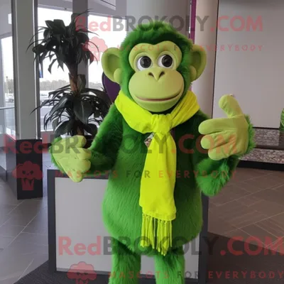 Produktbild von Maskottchen REDBROKOLY eines limettengrünen Affen mit Anzug und Schalklammern