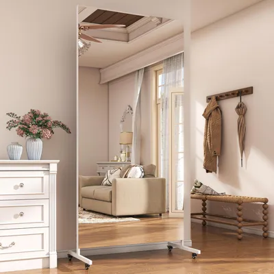 Immagine prodotto di Specchio a figura intera, 190 x 70 cm, girevole a 360°, con rotelle, vetro temperato, colore bianco