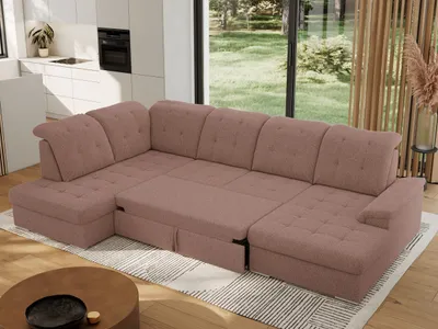 Produktbild von MKS MEBLE Ecksofa Wohnlandschaft U-Form, Sofa mit Schlaffunktion, Schlafsofa mit bettkasten, Couch mit Schlaffunktion - Rosa Boucle - Madrito U - links