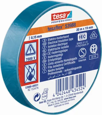 Zdjęcie produktu dla tesa 53988 Profesjonalna taśma izolacyjna 7000V, 20 m x 19 mm, niebieska