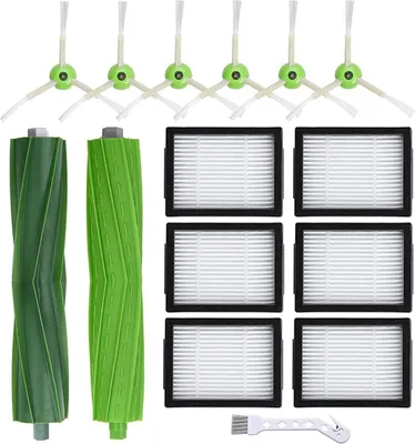 A collection of cleaning accessories for a robot vacuum cleaner, including brushes and filters, laid out on a white background.