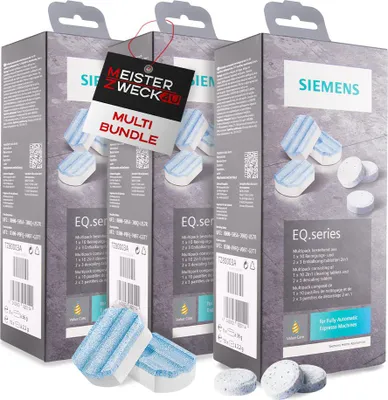 Produktbild von MEISTERZWECK4U Siemens TZ80003A Pflegeset 3 Pack - 3x Reinigungstabletten 6x Entkalkungsstabletten - für EQ series Kaffeevollautomaten & Einbauvollautomaten - Reinigung & Kalkentfernung Kaffeeautomat