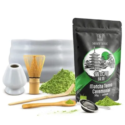 Produktbild von Mary Rose - Matcha Tee Ceremonial Set Tenno 30g - Keramik Schale Yuki 500ml Und Chasen Besen Halter - Japanische Teezeremonie