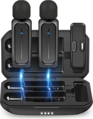 Produktbild von Kabelloses Lavaliermikrofon für iPhone, iPad und Android mit Ladehülle, 7H Clip-on-Reversmikrofon,  3 Rauschunterdrückungsmodi, 21,8 m