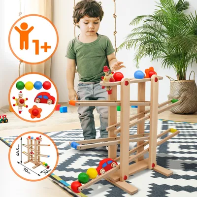 Produktbild von Infantastic® Kugelbahn aus Holz - Buchenholz, inkl. 6 Rollelementen aus Teeholz, bunt - Murmelbahn, Rollbahn, Holzkugelbahn, Motorikspielzeug für Kind und Baby ab 1 Jahr
