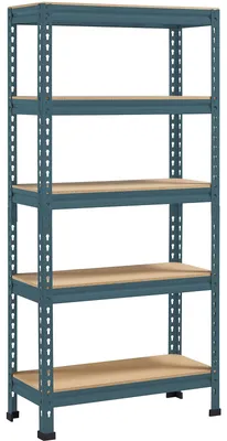 Zdjęcie produktu dla Regał narożny metalowy - 5 półek - 70 x 30 x 150 cm - Niebieski - Nośność 150 kg na półkę - Do piwnicy, garażu i kuchni