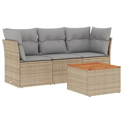 Produktbild von Modulares Garten-Sofaset, 4-teilig, für Terrasse & Balkon, aus UV-beständigem Poly Rattan, mit Akazienholz-Tisch & hellgrauen Kissen, Beige
