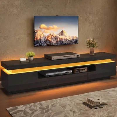 Immagine prodotto di Mobile TV Merax con 2 pensili a forma di L e 1 cassetto, supporto TV con LED, mobile TV lucido per soggiorno, adatto a televisori fino a 75 pollici, colore nero