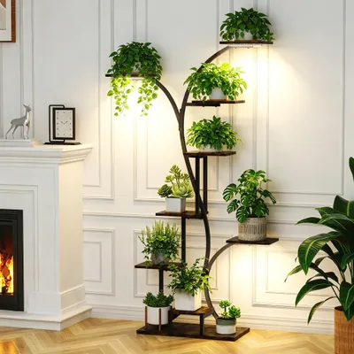 Produktbild von FATIVO Blumenregal 8 Ebenen 165 cm mit Wachstumslicht, Pflanzenregal Metall Holz für 8 Blumentöpfe