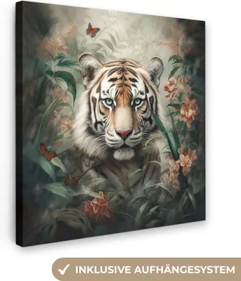 Obrázek produktu pro OneMillionCanvasses® - Obrazy na plátně - Tygr - Motýli - Zvířata - Džungle - Květiny, nástěnné umění, nástěnné dekorace Obývací pokoj, 20x20cm