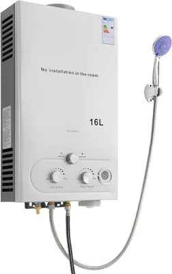 Produktbild von Gas Durchlauferhitzer LPG 16L 32KW Tragbar Tankless Warmwasserbereiter mit Duschkopf für Outdoor Camping Dusche & Wohnmobile, 0,15 bar Startwasserdruck