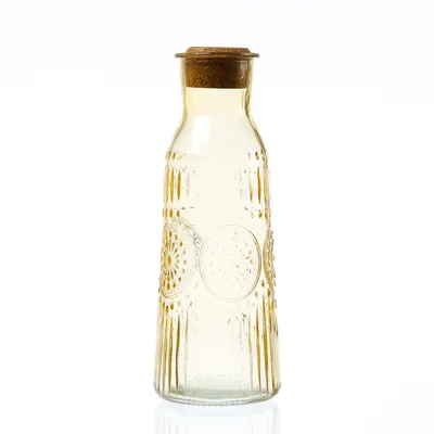 Produktbild von Karaffe Vintage mit Blumenmuster - Glaskaraffe - Kanne mit Korkendeckel - Boho Stil - 1l - gelb