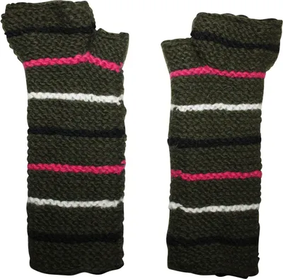 Produktbild von Armstulpen aus Wolle - Strickstulpen - oliv-grün mit Streifen - Pulswärmer mit Fleece