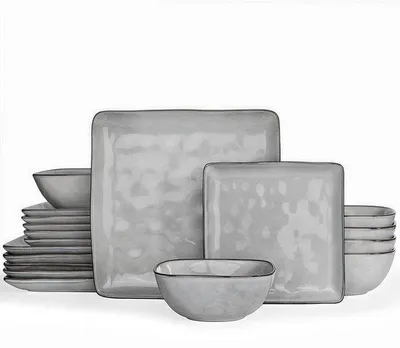 Imagen del producto de Juego de vajilla Unyqoos® de 18 piezas para 6 personas, color gris, con esmalte reactivo: 6 platos llanos, 6 platos de aperitivo, 6 cuencos, apto para microondas y lavavajillas