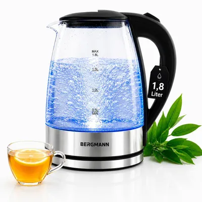 Zdjęcie produktu dla Czajnik elektryczny szklany BERGMANN ZH002 z podświetleniem LED, automatycznym wyłącznikiem 1,8L 2200W podstawa inox