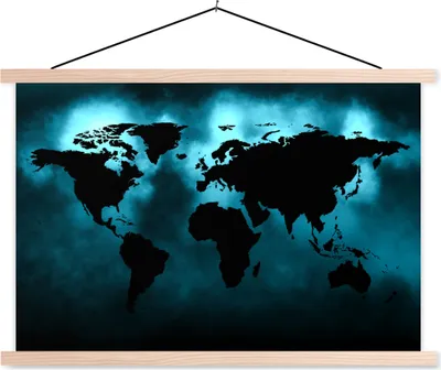 Produktbild von MuchoWow® Textilposter Weltkarte - Schwarz - Blau 60x40 cm mit holzfarbenen Rahmen - Bilder