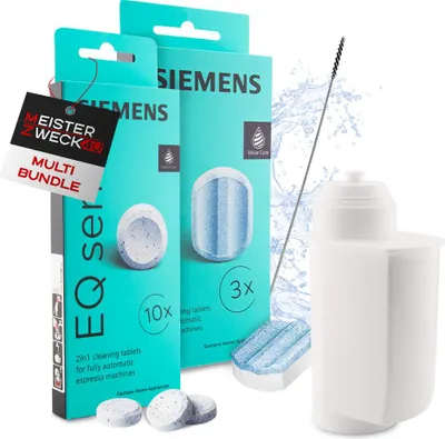 Produktbild von MEISTERZWECK4U Pflegeset Kaffeevollautomaten - 1x Wasserfilter, 1x Entkalkungstabletten, 1x Reinigungstabletten, Reinigungsbürste - Reinigungsset Kaffeemaschinen Siemens, EQ Series, Supresso, Bosch