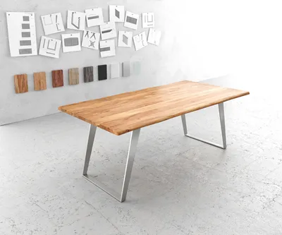 Produktbild von DELIFE Esstisch Edge 200x100cm Akazie Natur Edelstahl Silber schräg Live-Edge
