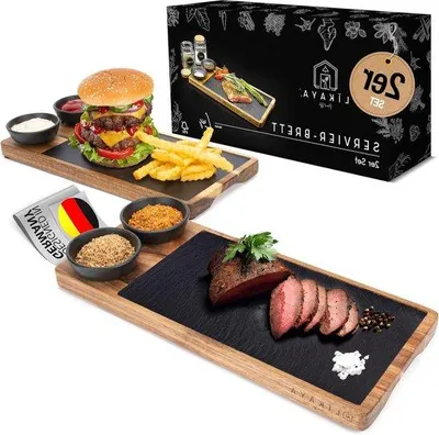 Image de Plateau de service en acacia , 2 pièces, avec plaque en ardoise et coupelle à sauce - Accessoires de barbecue pour steaks, hamburgers et sushis