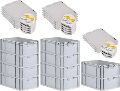Produktbild von SuperSparSet 10x Eurobox NextGen Grip mit Scharnierdeckel und gelben Schiebeschnappverschlüssen | HxBxT 22x40x60cm | 44 Liter | Grau | Griffe geschlossen | Verstärkter Boden | Eurobehälter, Transportbox, Transportbehälter, Stapelbehälter